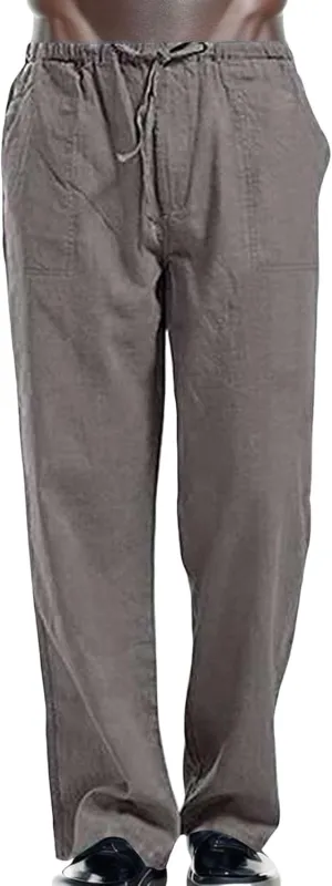 linen pants for men big and tall, yoga pants for men cotton, Linen Pants for Men, Mens Casual Cotton Pants Drawstring Elastic Waist Straight Legs Pants Summer Beach Trousers