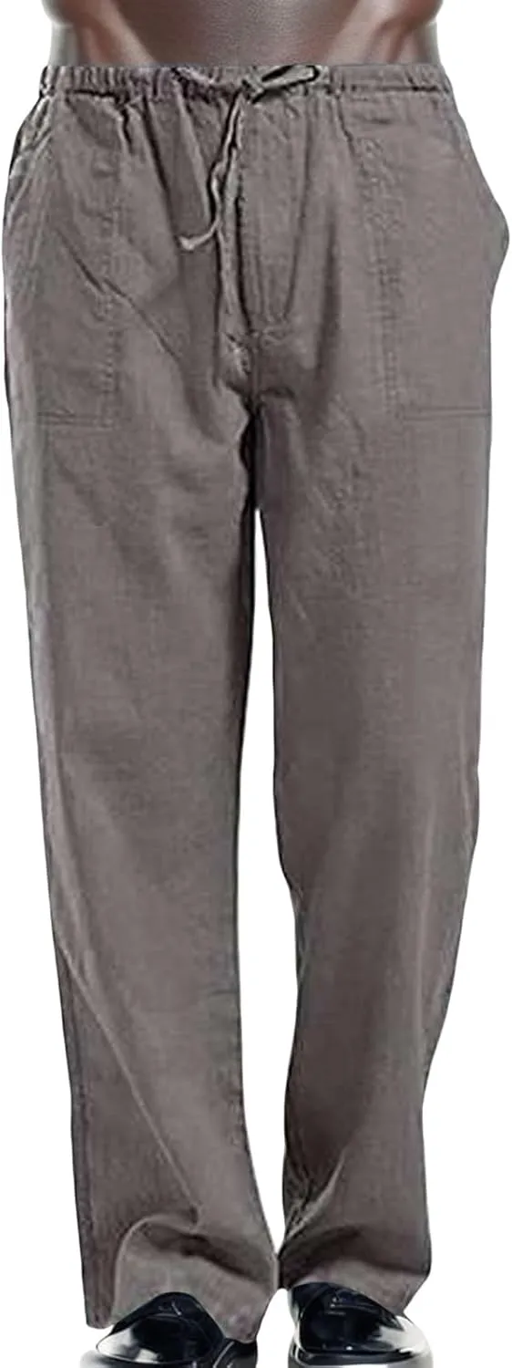 linen pants for men big and tall, yoga pants for men cotton, Linen Pants for Men, Mens Casual Cotton Pants Drawstring Elastic Waist Straight Legs Pants Summer Beach Trousers