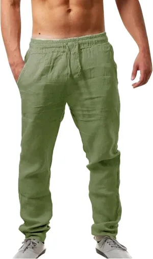 linen pants for men big and tall, yoga pants for men cotton, Linen Pants for Men, Mens Casual Cotton Pants Drawstring Elastic Waist Summer Straight Legs Pants Beach Trousers