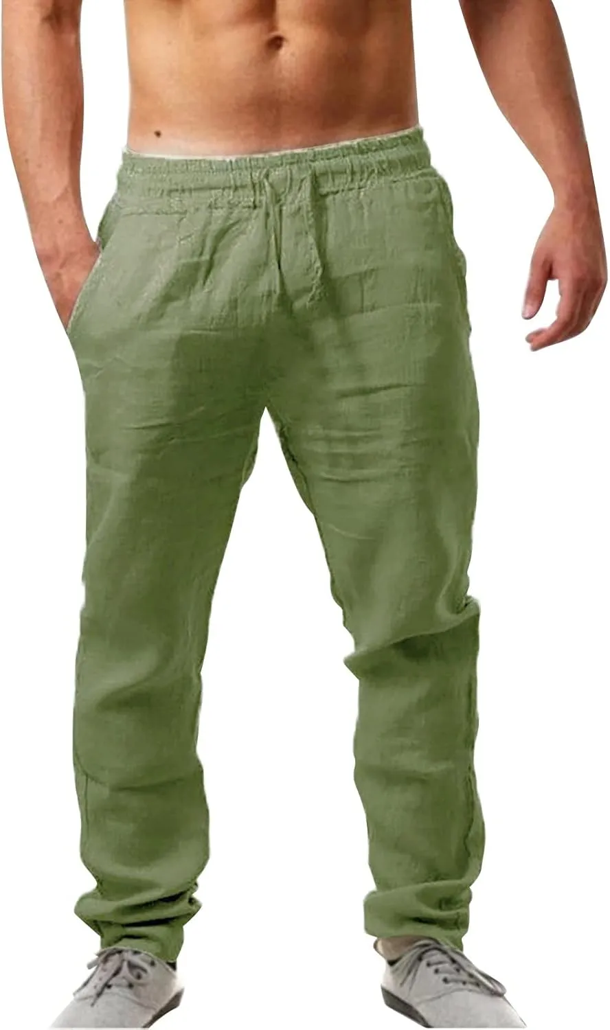 linen pants for men big and tall, yoga pants for men cotton, Linen Pants for Men, Mens Casual Cotton Pants Drawstring Elastic Waist Summer Straight Legs Pants Beach Trousers