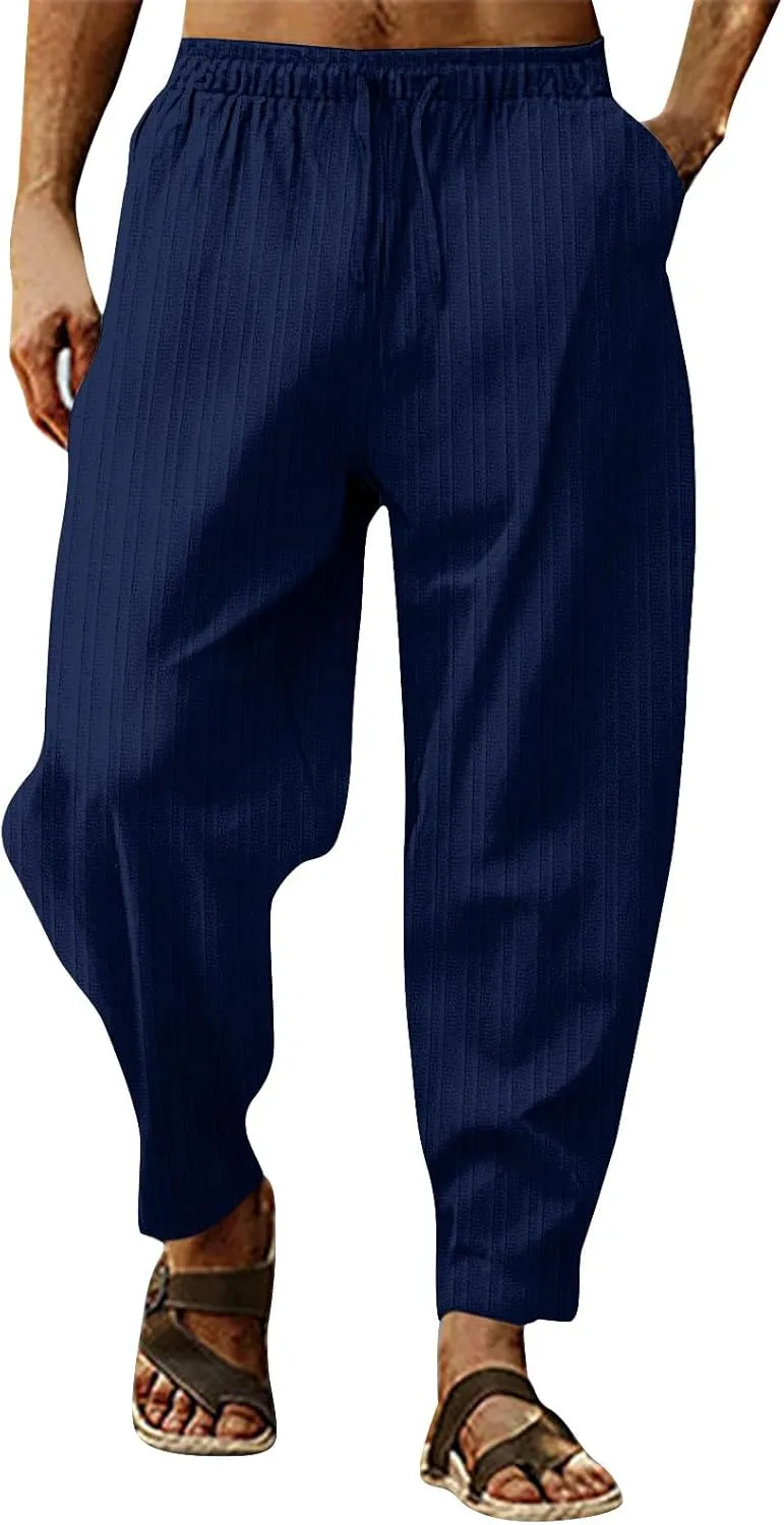 linen pants for men big and tall, yoga pants for men cotton, Linen Pants for Men, Mens Casual Pants Lightweight Elastic Waist Drawstring Summer Yoga Beach Trousers with Pockets