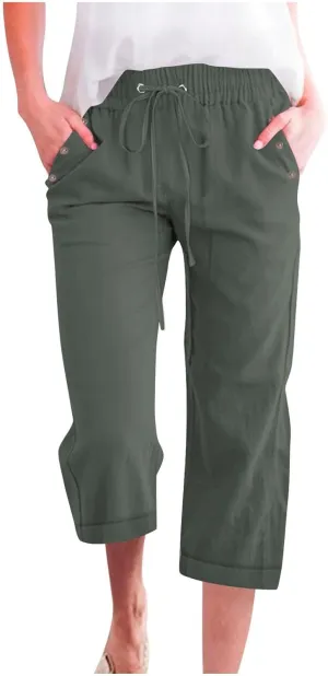 Linen Pants for Women 2025 Summer Casual Tie Knot Elastic High Waist Capri Pants Plus Size Wide Leg Lounge Capris