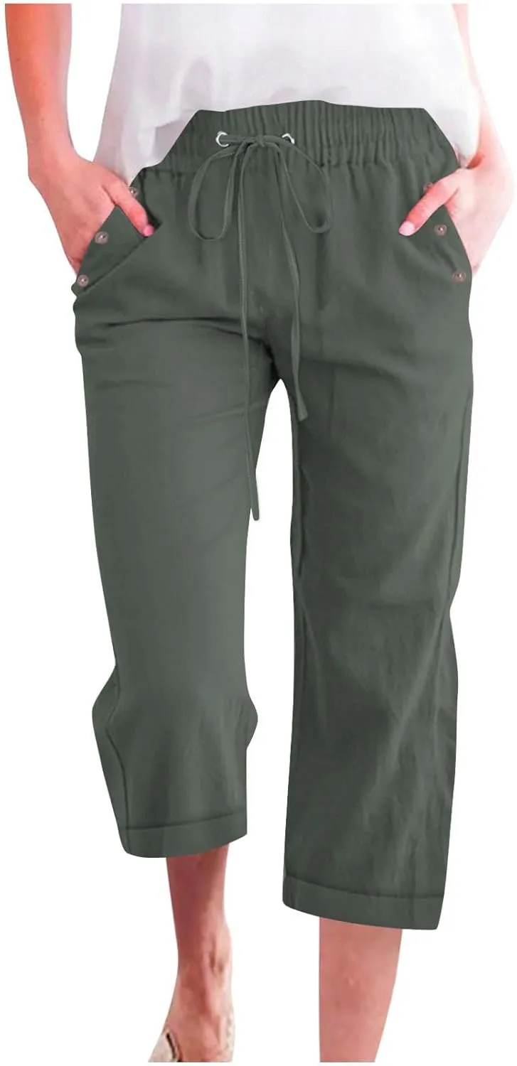 Linen Pants for Women 2025 Summer Casual Tie Knot Elastic High Waist Capri Pants Plus Size Wide Leg Lounge Capris