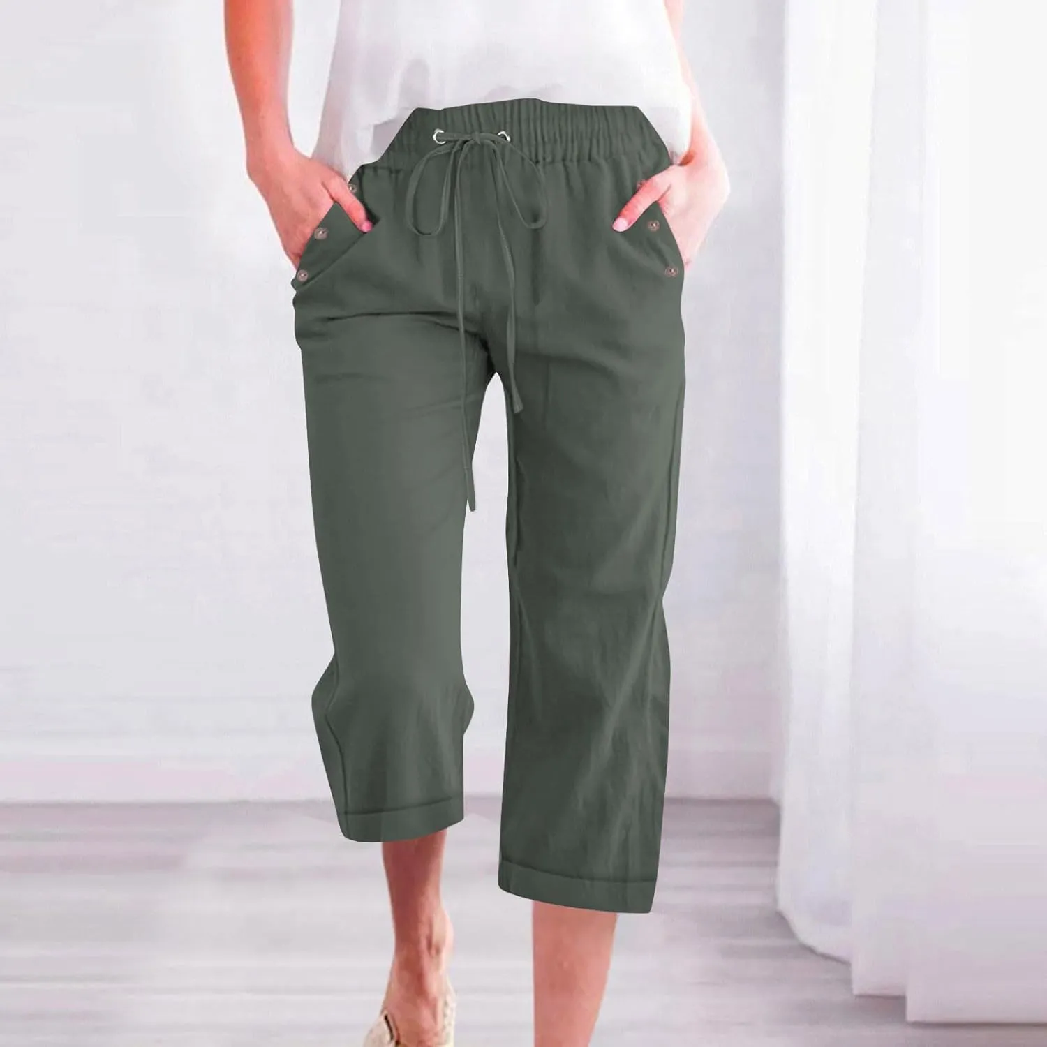 Linen Pants for Women 2025 Summer Casual Tie Knot Elastic High Waist Capri Pants Plus Size Wide Leg Lounge Capris