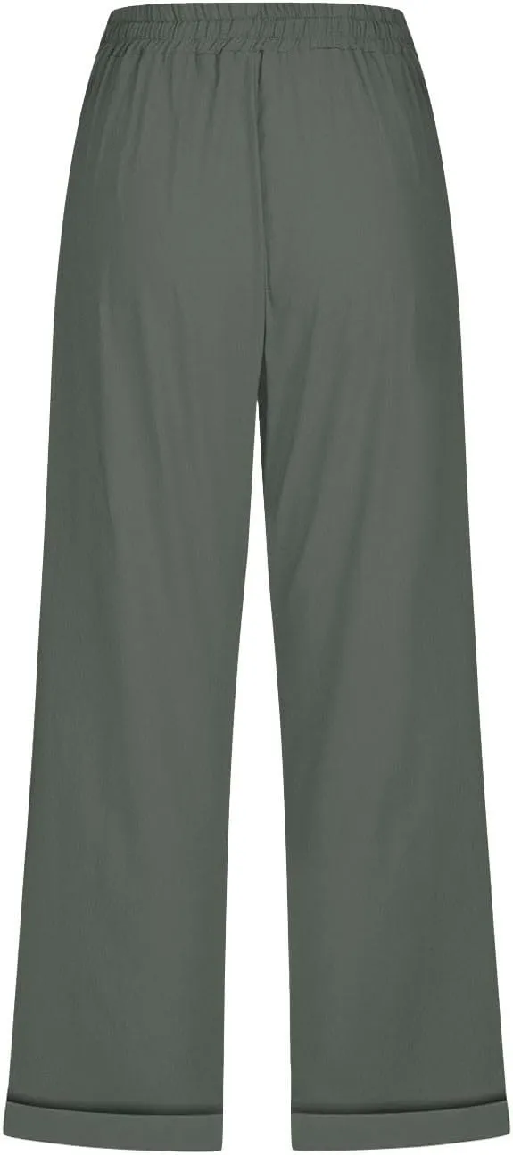 Linen Pants for Women 2025 Summer Casual Tie Knot Elastic High Waist Capri Pants Plus Size Wide Leg Lounge Capris