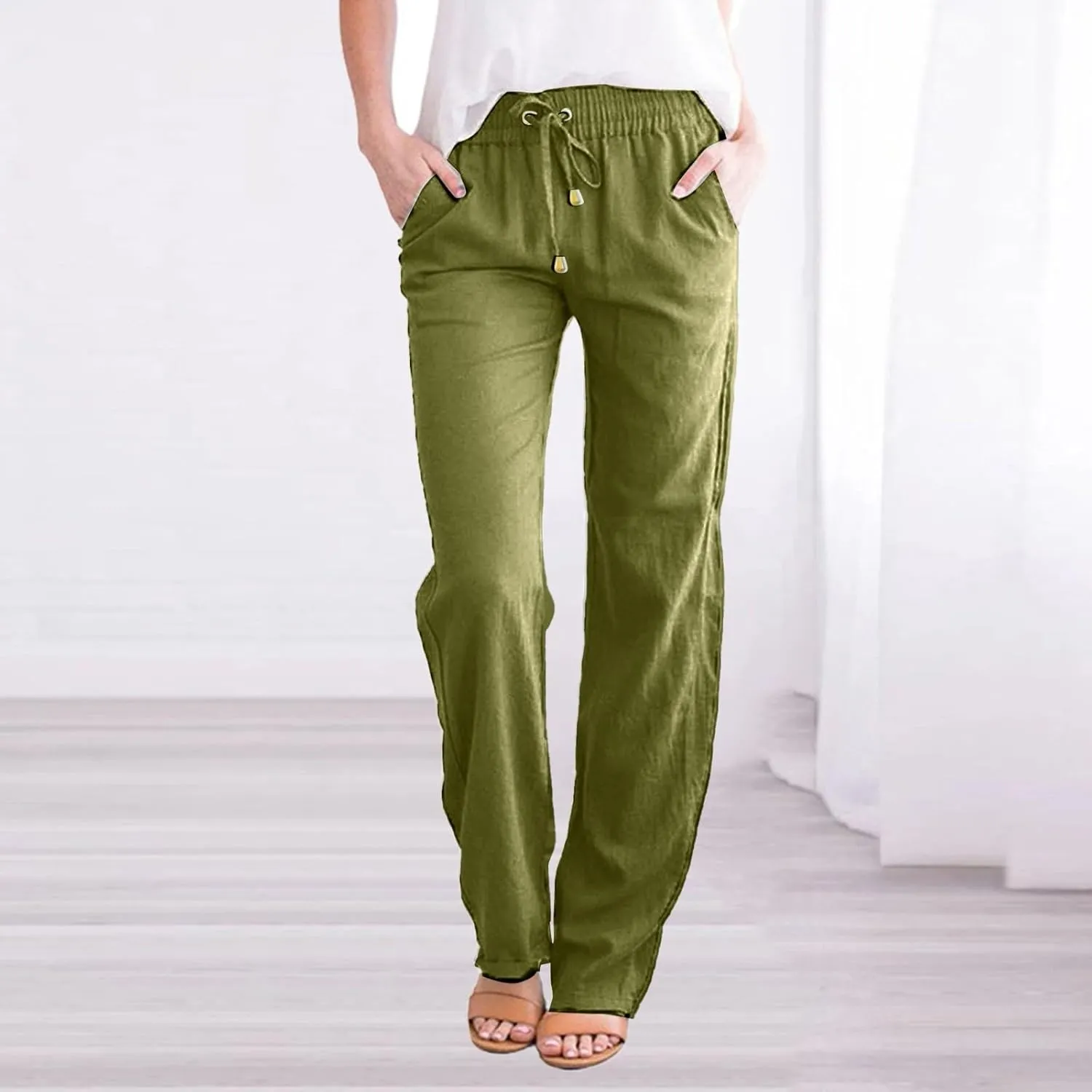 Linen Pants for Women 2025 Summer Drawstring Pants Casual Loose Wide Leg Lounge Trousers for Beach Travel Vacation