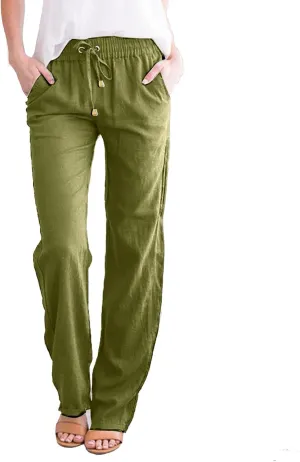 Linen Pants for Women 2025 Summer Drawstring Pants Casual Loose Wide Leg Lounge Trousers for Beach Travel Vacation