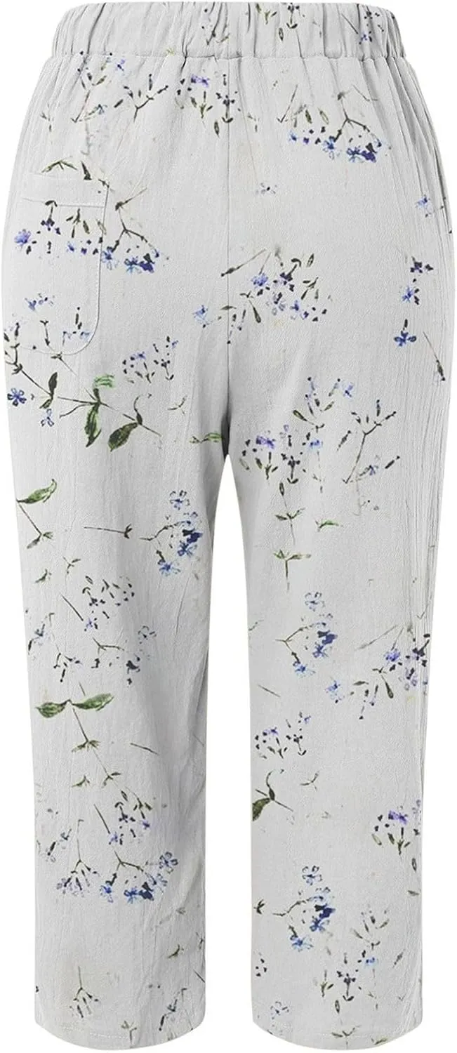 Linen Pants for Women 2025 Summer High Waist Elastic Straight Leg Lounge Pant Casual Loose Lightweight Beach Trousers