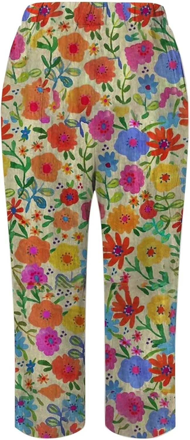 Linen Pants for Women 2025 Summer High Waist Elastic Straight Leg Lounge Pant Casual Loose Lightweight Beach Trousers