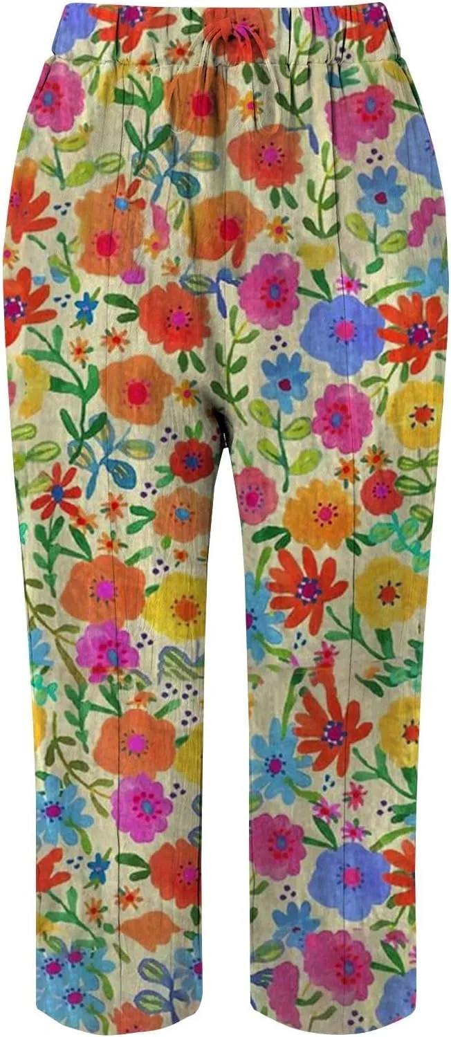 Linen Pants for Women 2025 Summer High Waist Elastic Straight Leg Lounge Pant Casual Loose Lightweight Beach Trousers