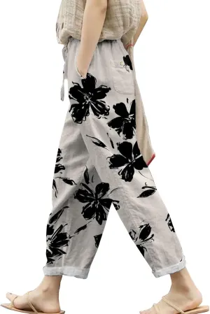 Linen Pants for Women 2025 Summer High Waist Elastic Straight Leg Lounge Pant Casual Loose Lightweight Beach Trousers