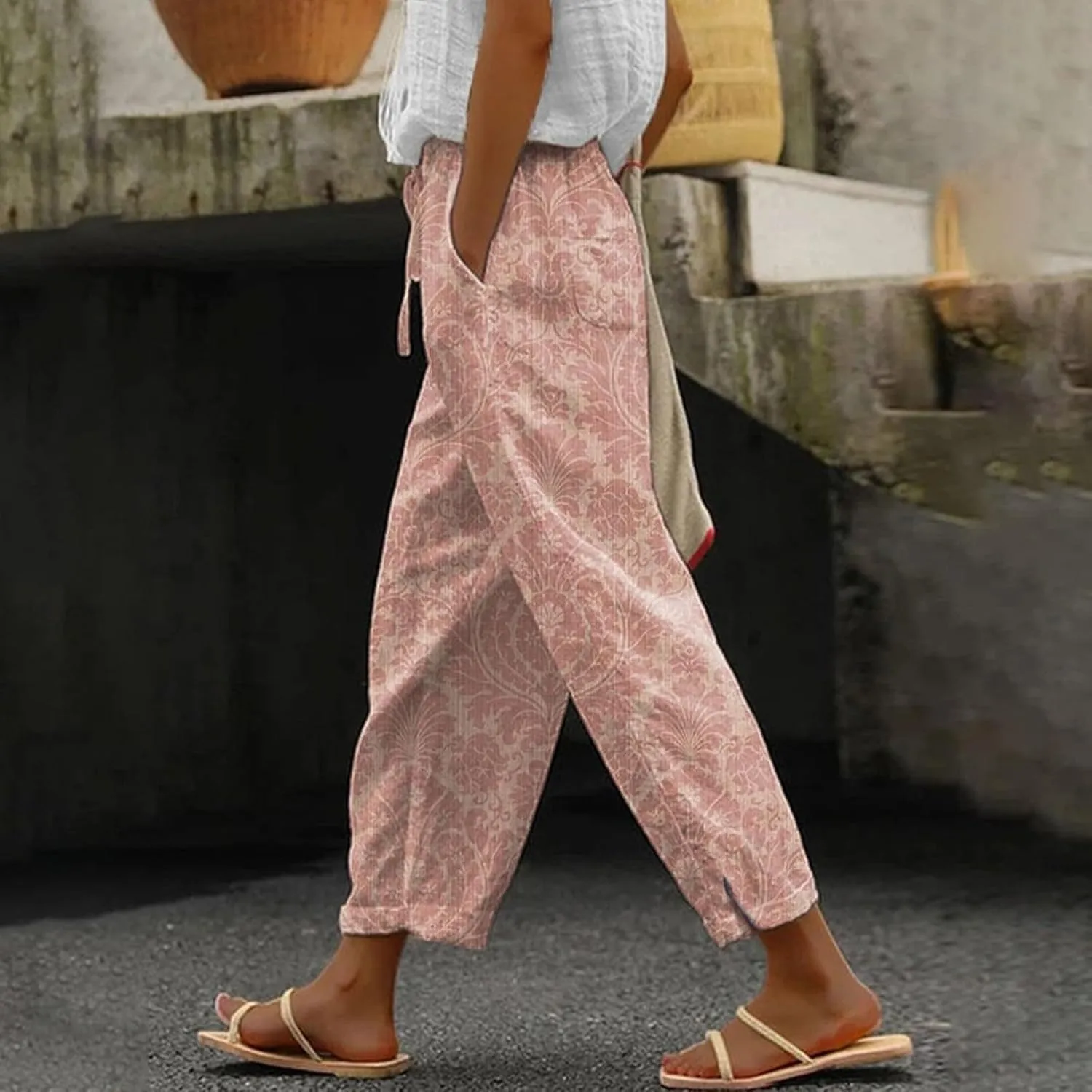 Linen Pants for Women 2025 Summer High Waist Elastic Straight Leg Lounge Pant Casual Loose Lightweight Beach Trousers