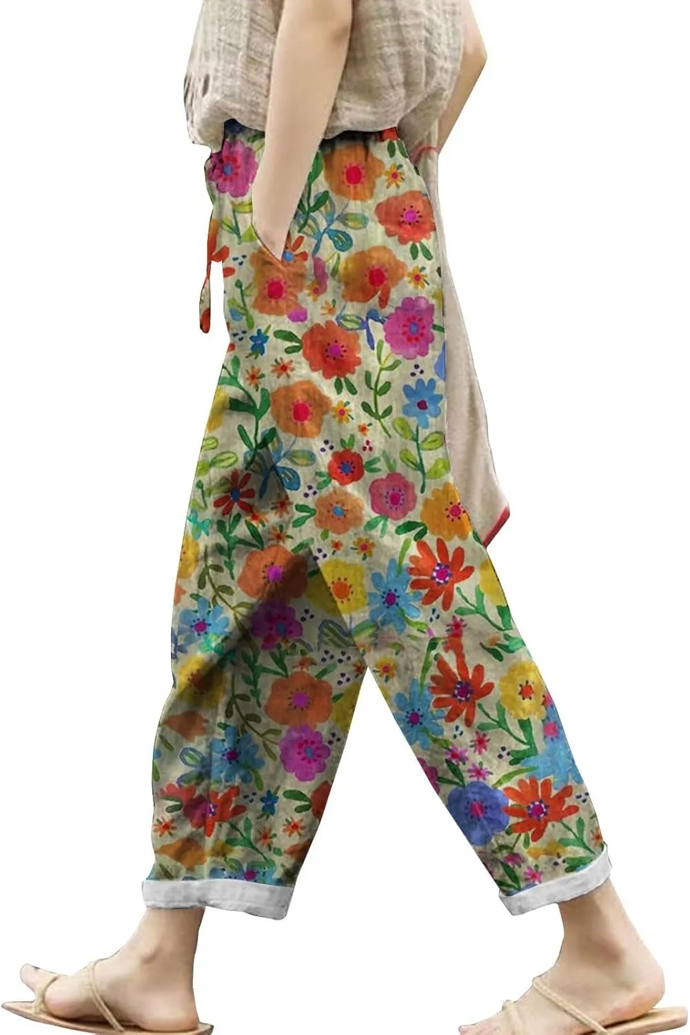 Linen Pants for Women 2025 Summer High Waist Elastic Straight Leg Lounge Pant Casual Loose Lightweight Beach Trousers