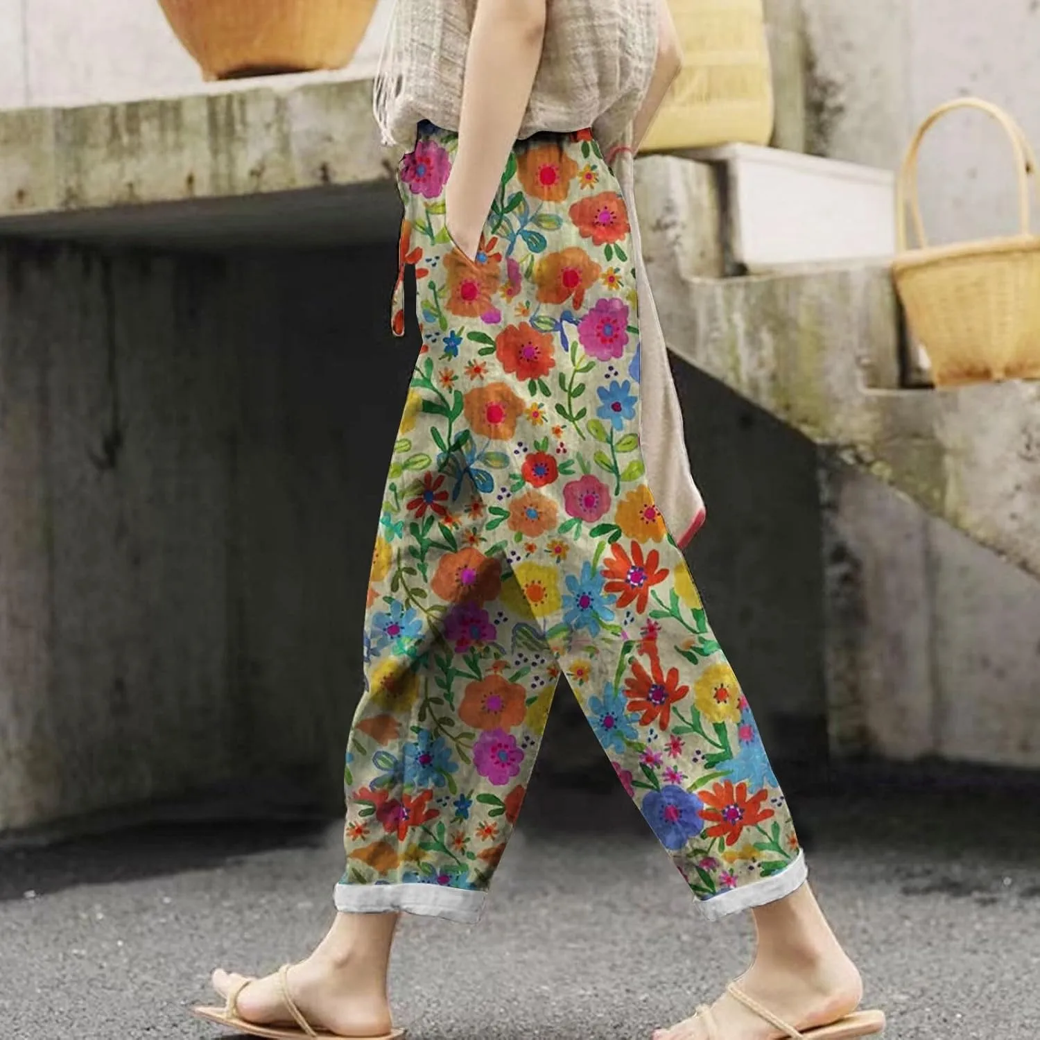 Linen Pants for Women 2025 Summer High Waist Elastic Straight Leg Lounge Pant Casual Loose Lightweight Beach Trousers