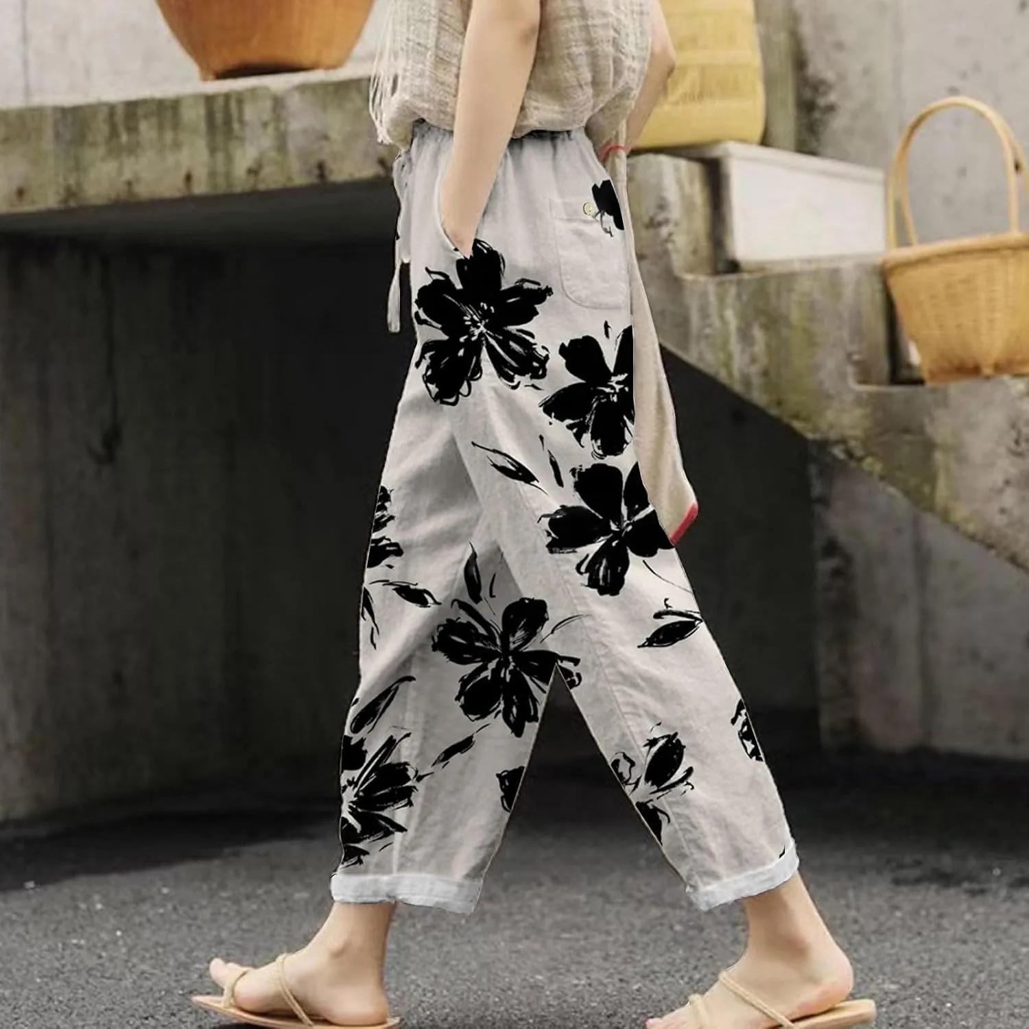 Linen Pants for Women 2025 Summer High Waist Elastic Straight Leg Lounge Pant Casual Loose Lightweight Beach Trousers