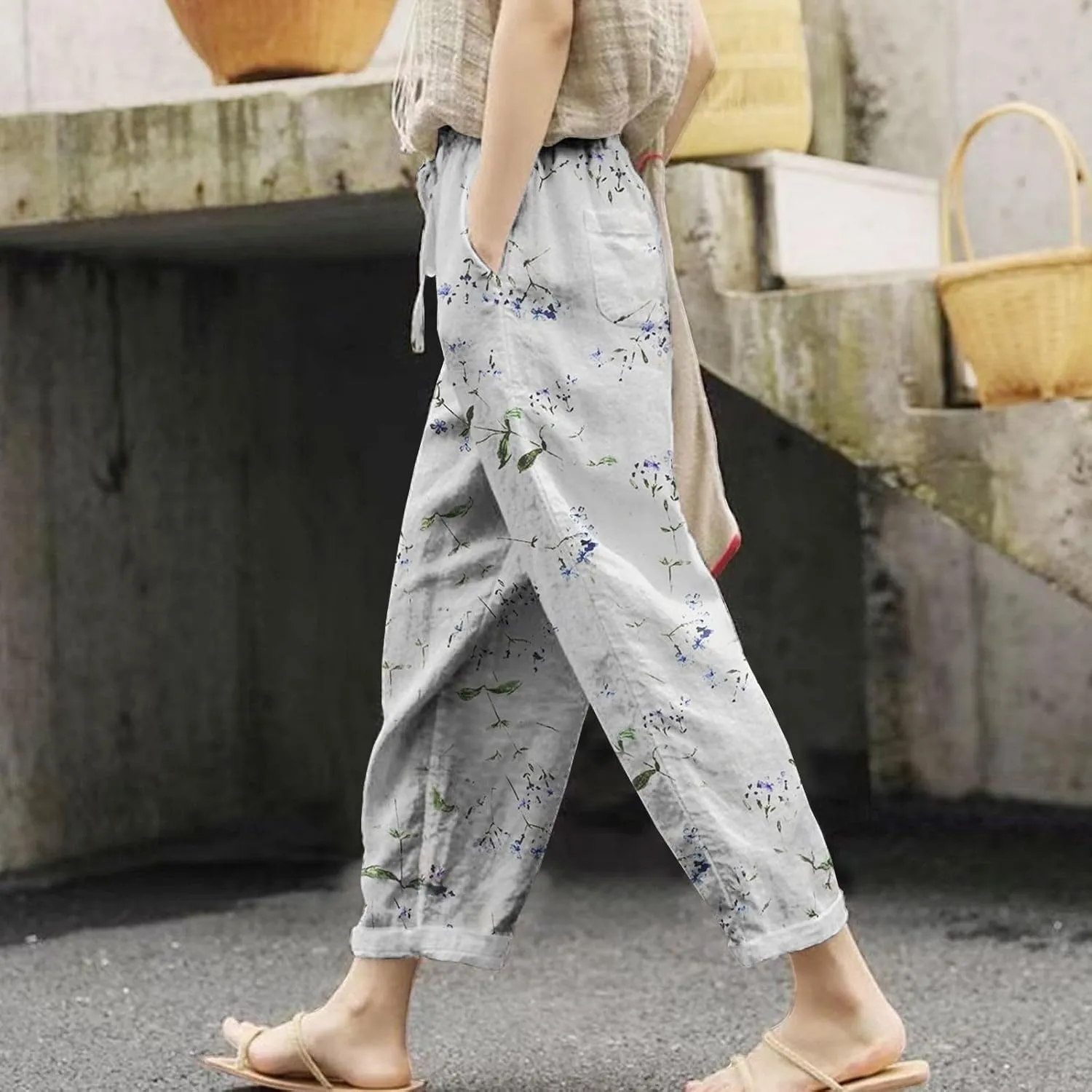 Linen Pants for Women 2025 Summer High Waist Elastic Straight Leg Lounge Pant Casual Loose Lightweight Beach Trousers