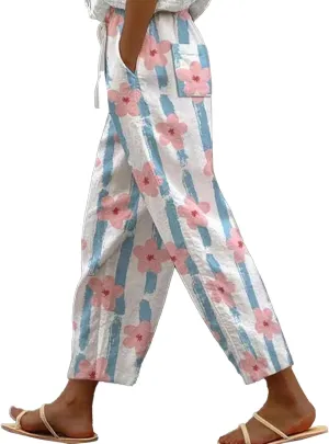 Linen Pants for Women 2025 Summer High Waist Elastic Straight Leg Lounge Pant Casual Loose Lightweight Beach Trousers