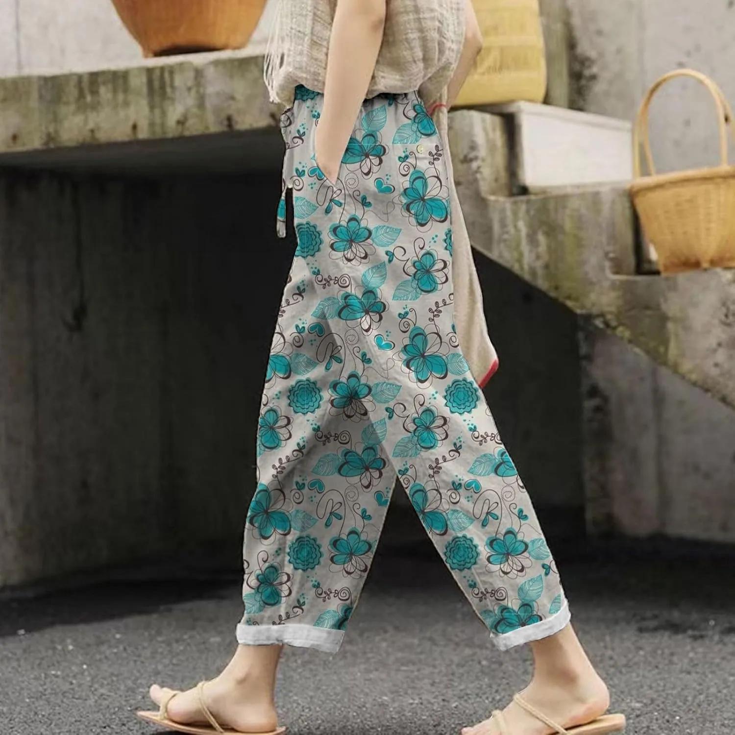 Linen Pants for Women 2025 Summer High Waist Elastic Straight Leg Lounge Pant Casual Loose Lightweight Beach Trousers