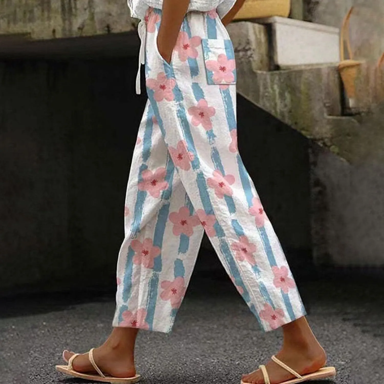 Linen Pants for Women 2025 Summer High Waist Elastic Straight Leg Lounge Pant Casual Loose Lightweight Beach Trousers
