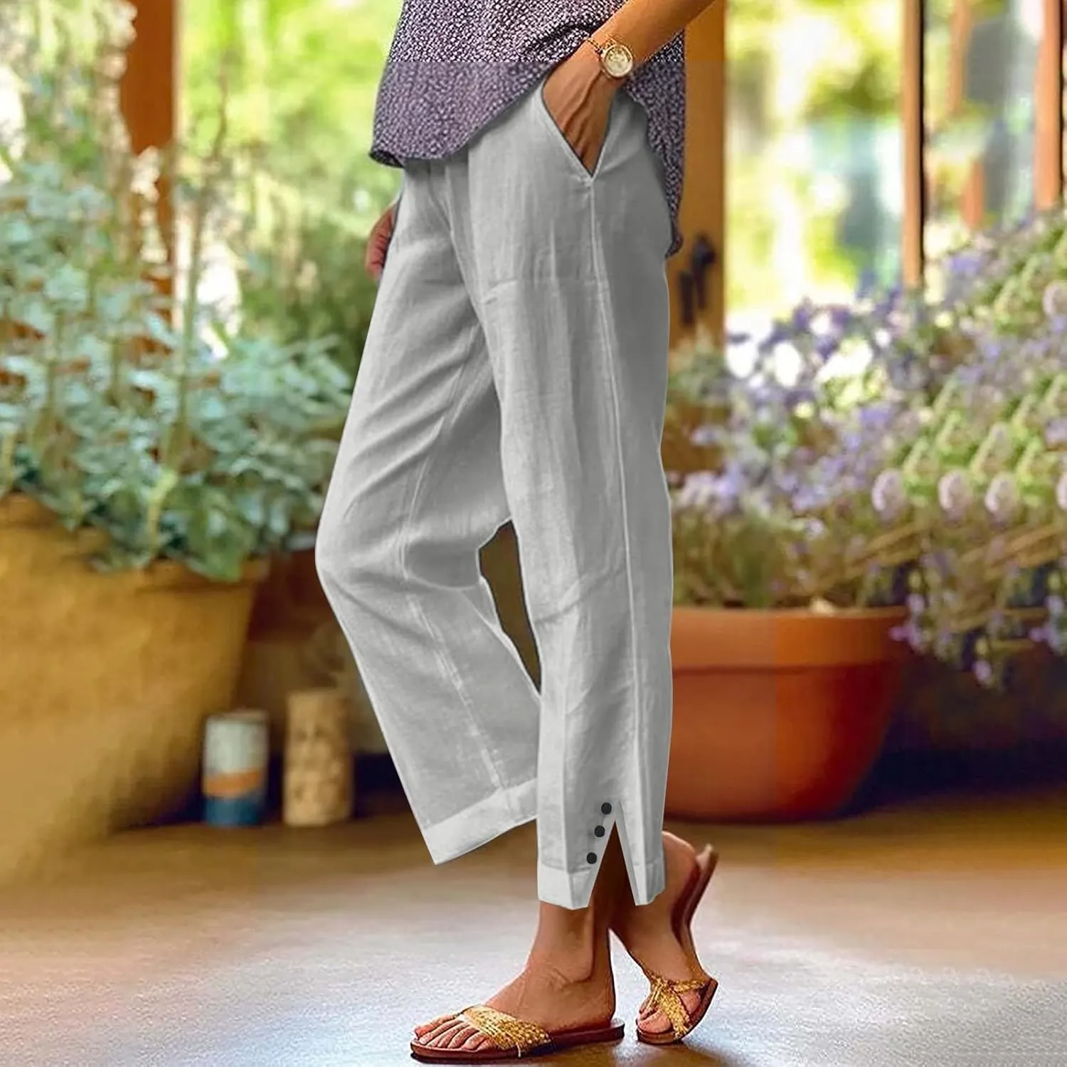 Linen Pants for Women Cotton Casual Elastic Waist Drawstring Straight Wide Leg Plus Size Capri Pant with Pockets 2025
