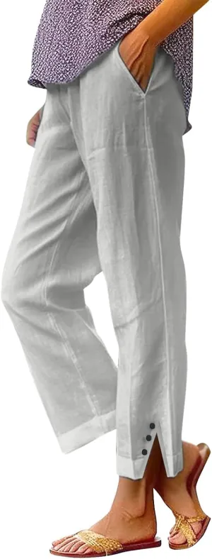 Linen Pants for Women Cotton Casual Elastic Waist Drawstring Straight Wide Leg Plus Size Capri Pant with Pockets 2025
