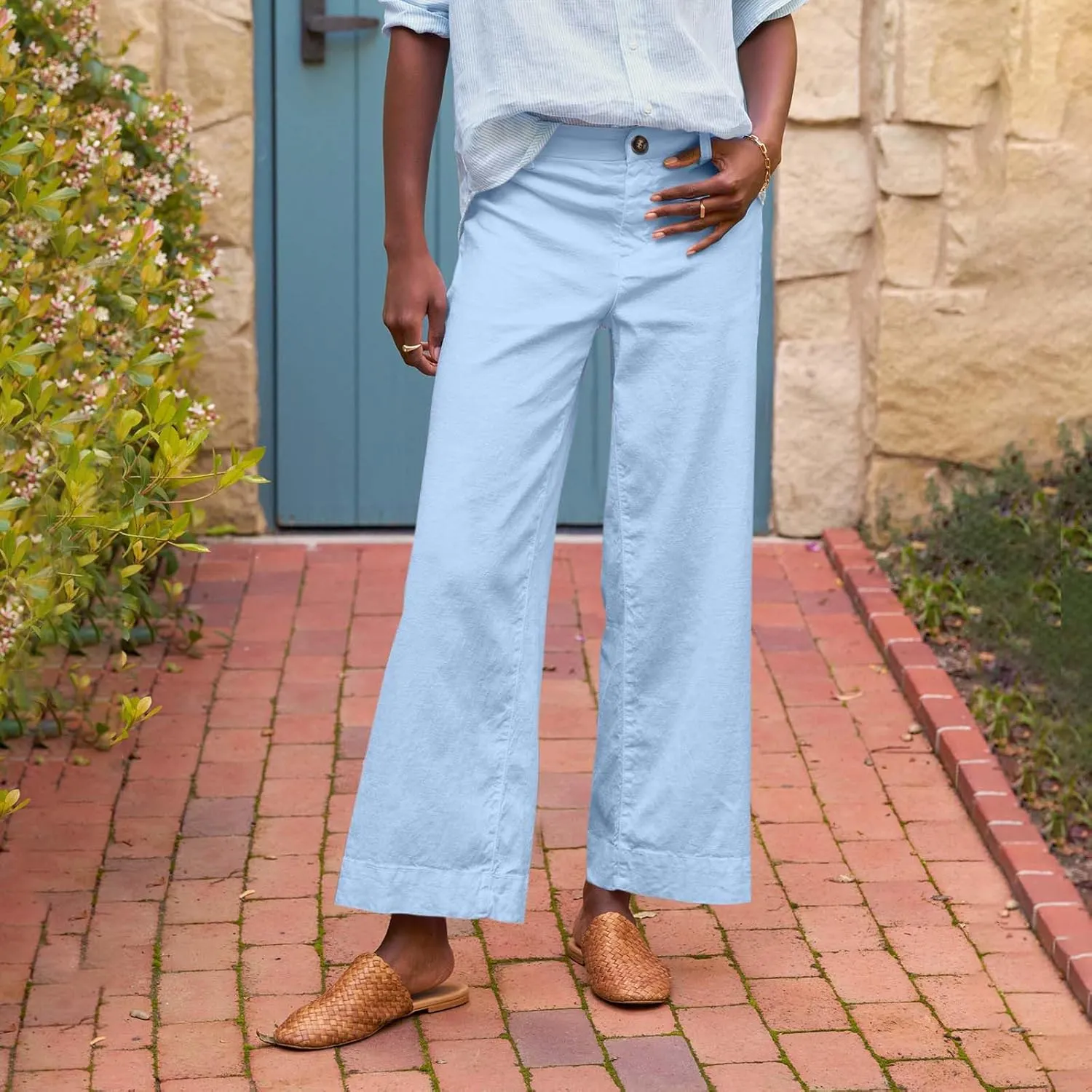 Linen Pants for Women, Linen Casual Pants Straight Leg Peasant Striped Side