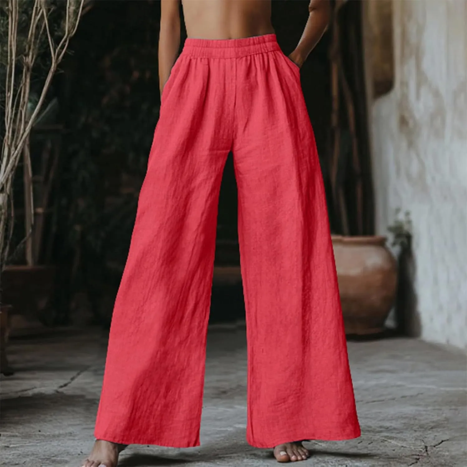 Linen Pants for Women Loose Wide Leg Elastic High Waisted Palazzo Pants Summer Casual Flowy Lounge Trousers Pockets