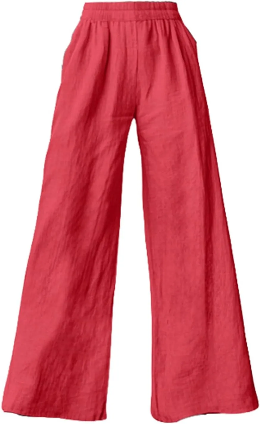 Linen Pants for Women Loose Wide Leg Elastic High Waisted Palazzo Pants Summer Casual Flowy Lounge Trousers Pockets