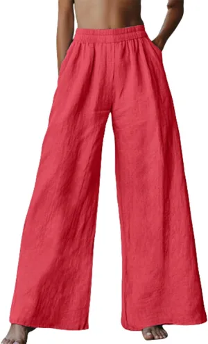 Linen Pants for Women Loose Wide Leg Elastic High Waisted Palazzo Pants Summer Casual Flowy Lounge Trousers Pockets