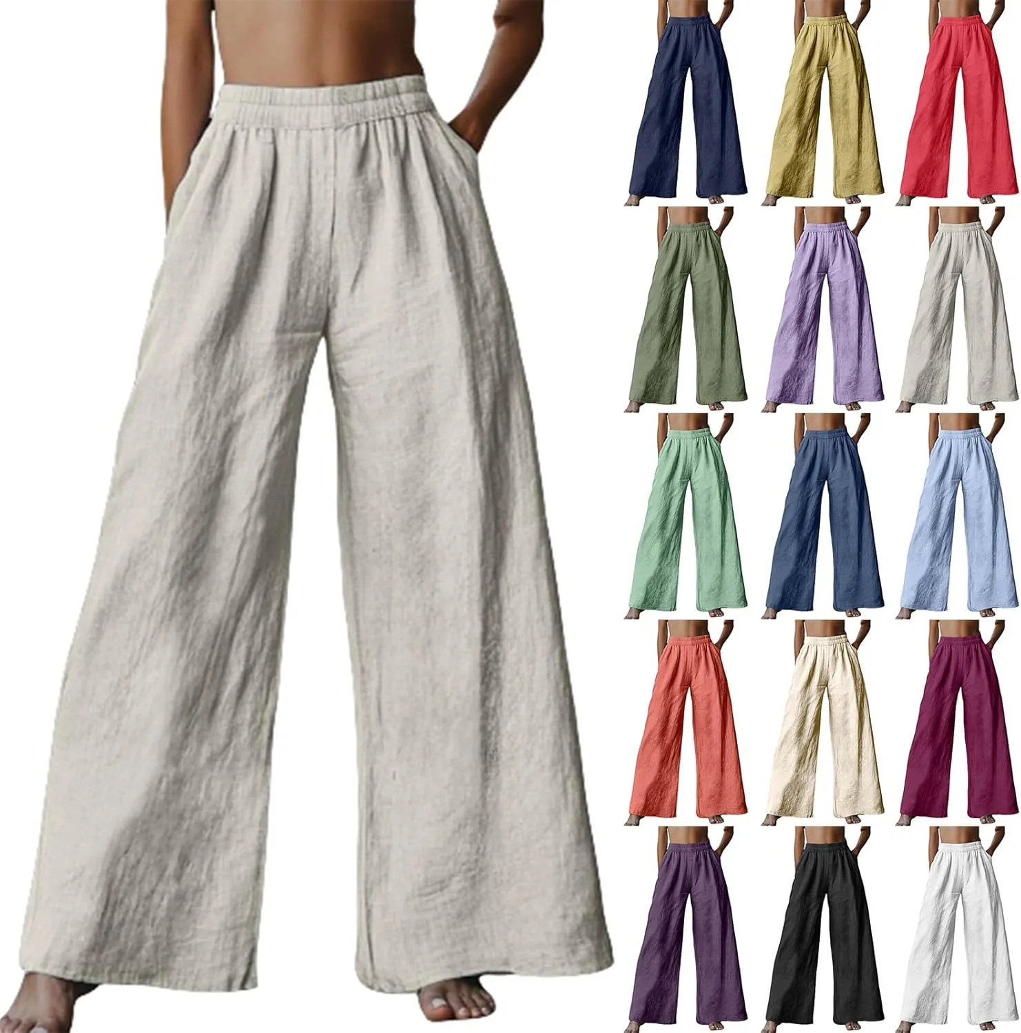 Linen Pants for Women Loose Wide Leg Elastic High Waisted Palazzo Pants Summer Casual Flowy Lounge Trousers Pockets