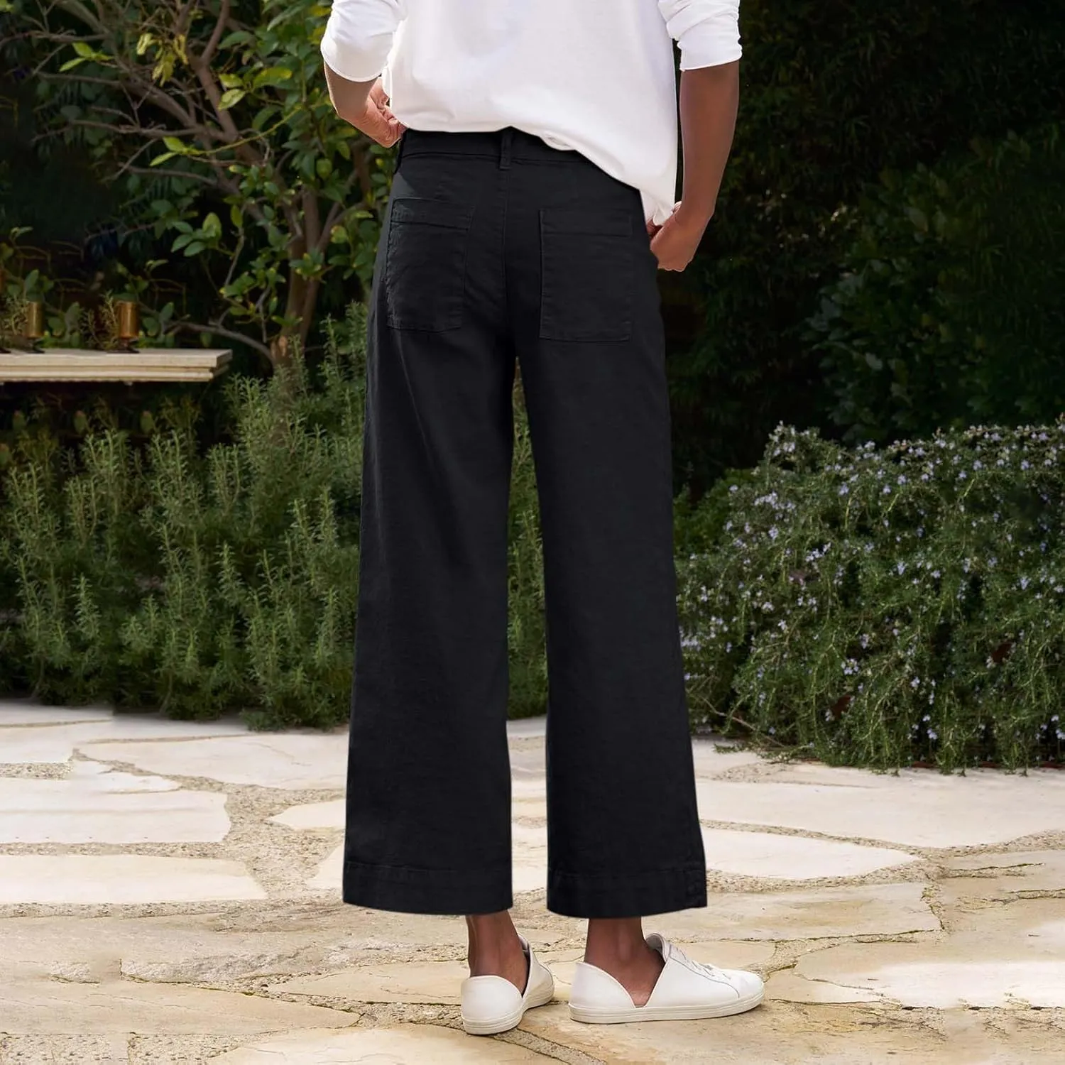 Linen Pants for Women, Straight Leg Peasant Pants Elastic Waist Linen Casual