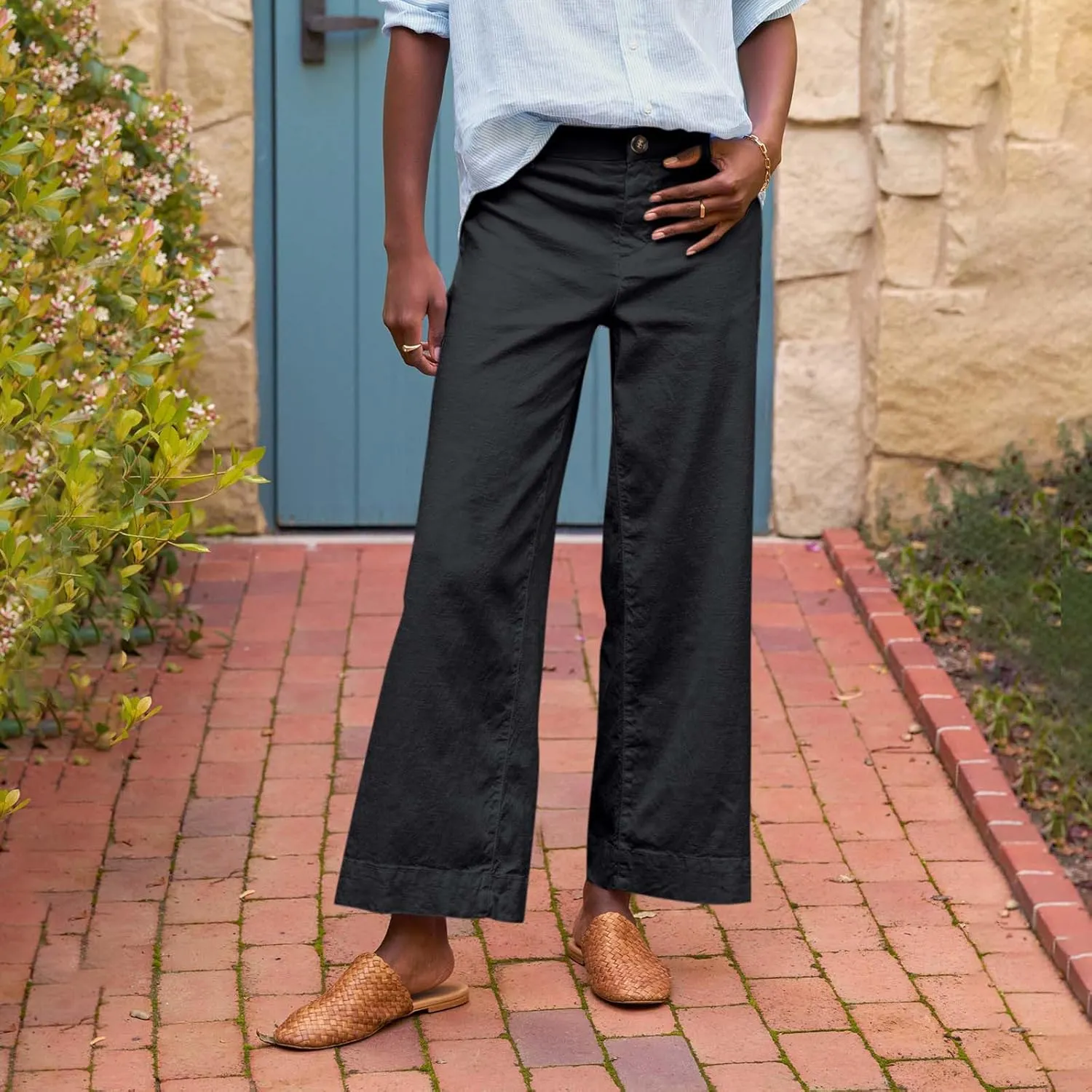 Linen Pants for Women, Straight Leg Peasant Pants Elastic Waist Linen Casual