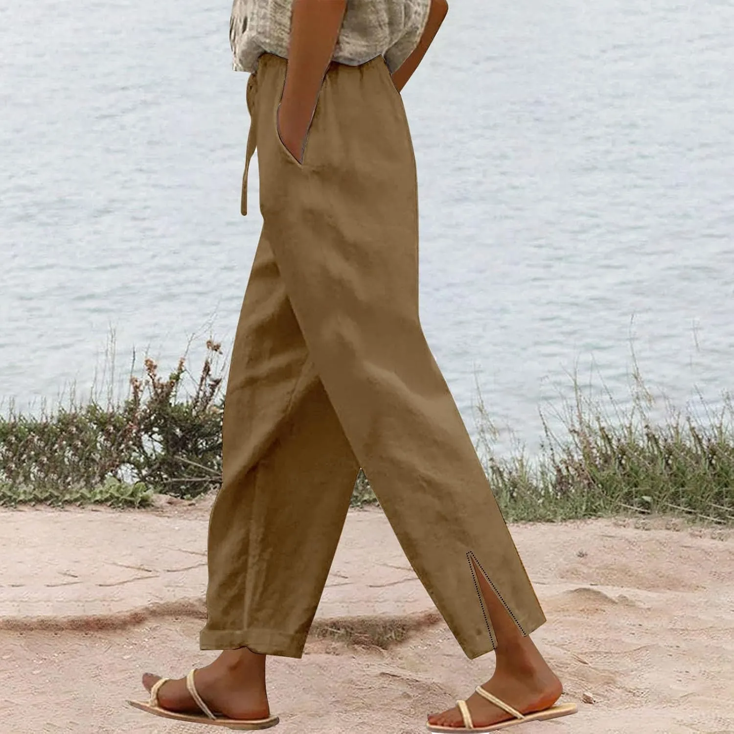 Linen Pants for Women Summer High Waist Elastic Gauze Pant Lightweight Comfy Lounge Straight Leg Pant Trousers