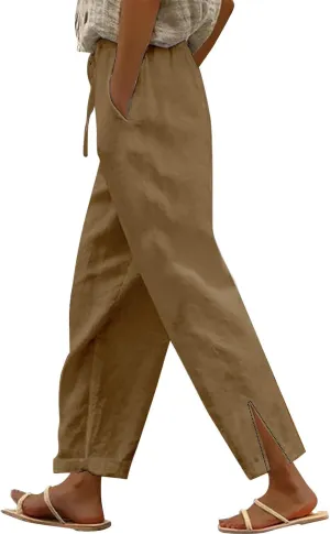 Linen Pants for Women Summer High Waist Elastic Gauze Pant Lightweight Comfy Lounge Straight Leg Pant Trousers