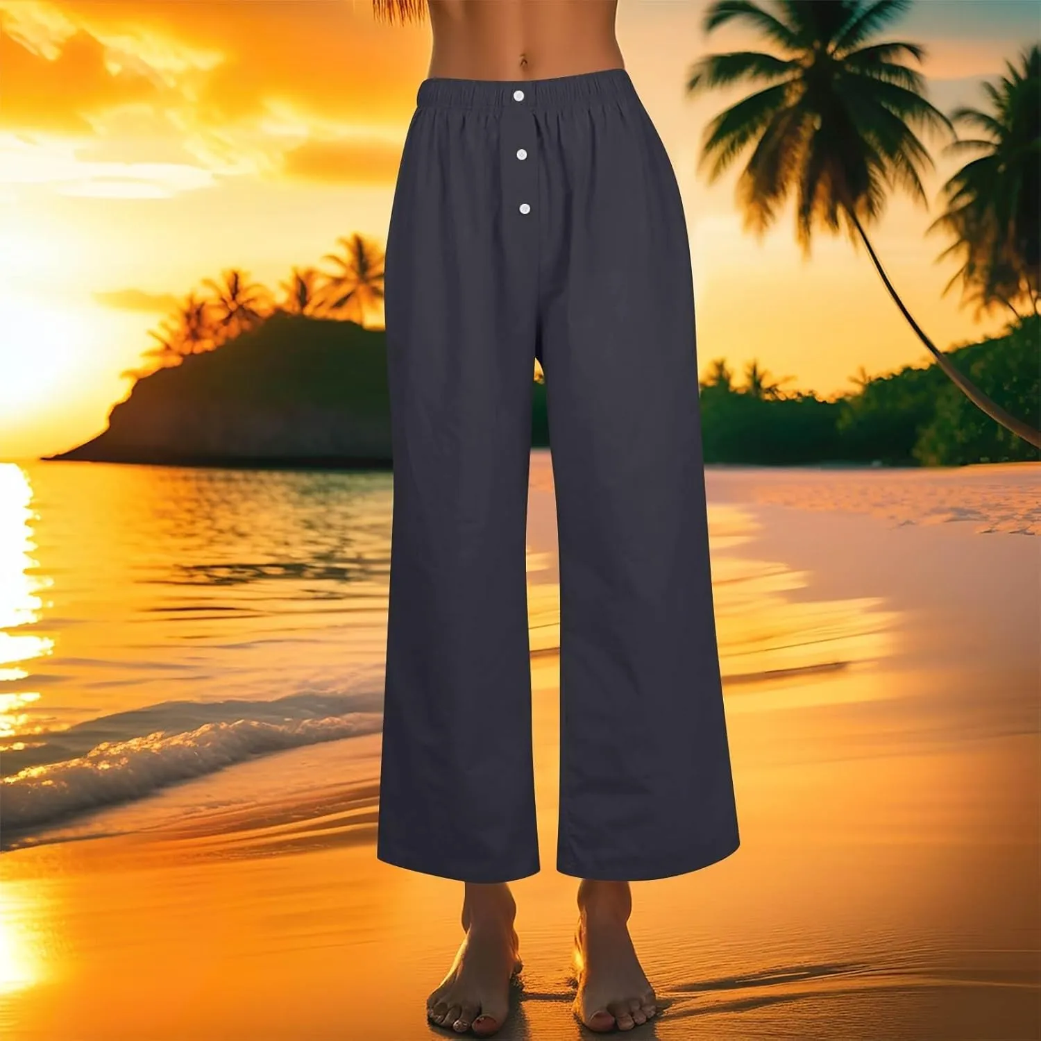 Linen Pants for Women Summer High Waisted Wide Leg Palazzo Pants Palazzo Pant Dressy Trouser with Pockets (S-2Xl)