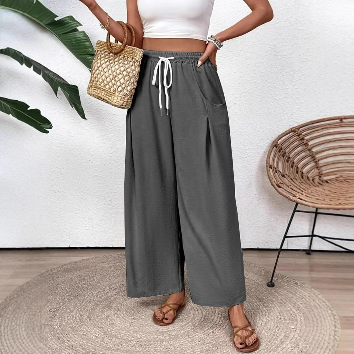 Linen Pants for Women Wide Leg Elastic Waist 2025 Summer Baggy Solid Color Loose Slacks with Pockets