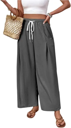 Linen Pants for Women Wide Leg Elastic Waist 2025 Summer Baggy Solid Color Loose Slacks with Pockets