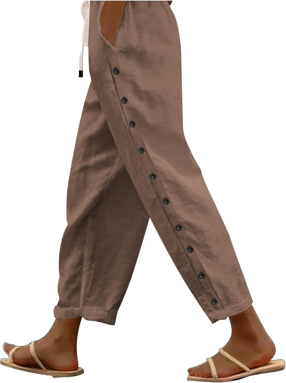 Linen Pants for Women Wide Straight Leg Side Button Pants 2025 Plus Size Baggy Elastic Waist Trousers with Pockets