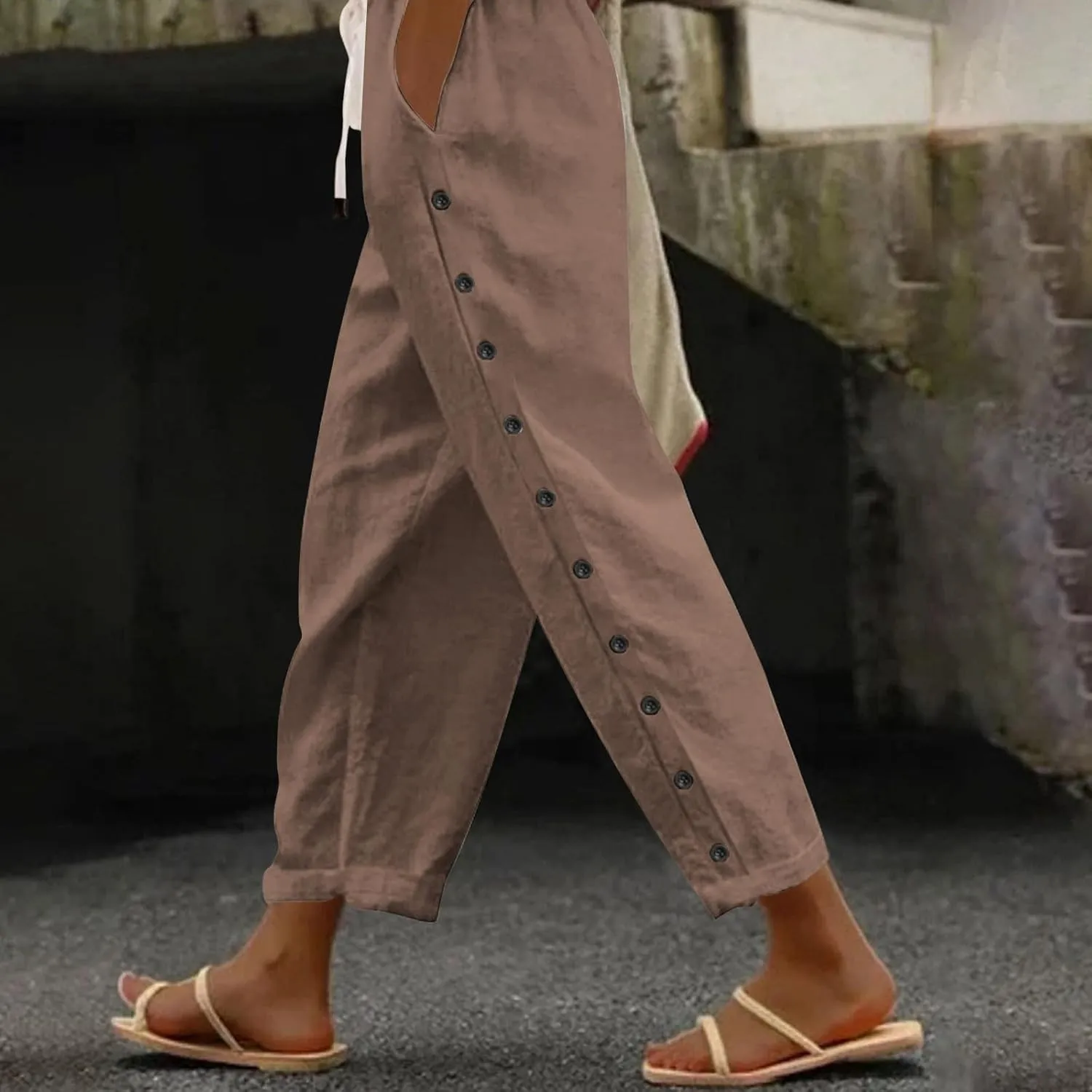 Linen Pants for Women Wide Straight Leg Side Button Pants 2025 Plus Size Baggy Elastic Waist Trousers with Pockets