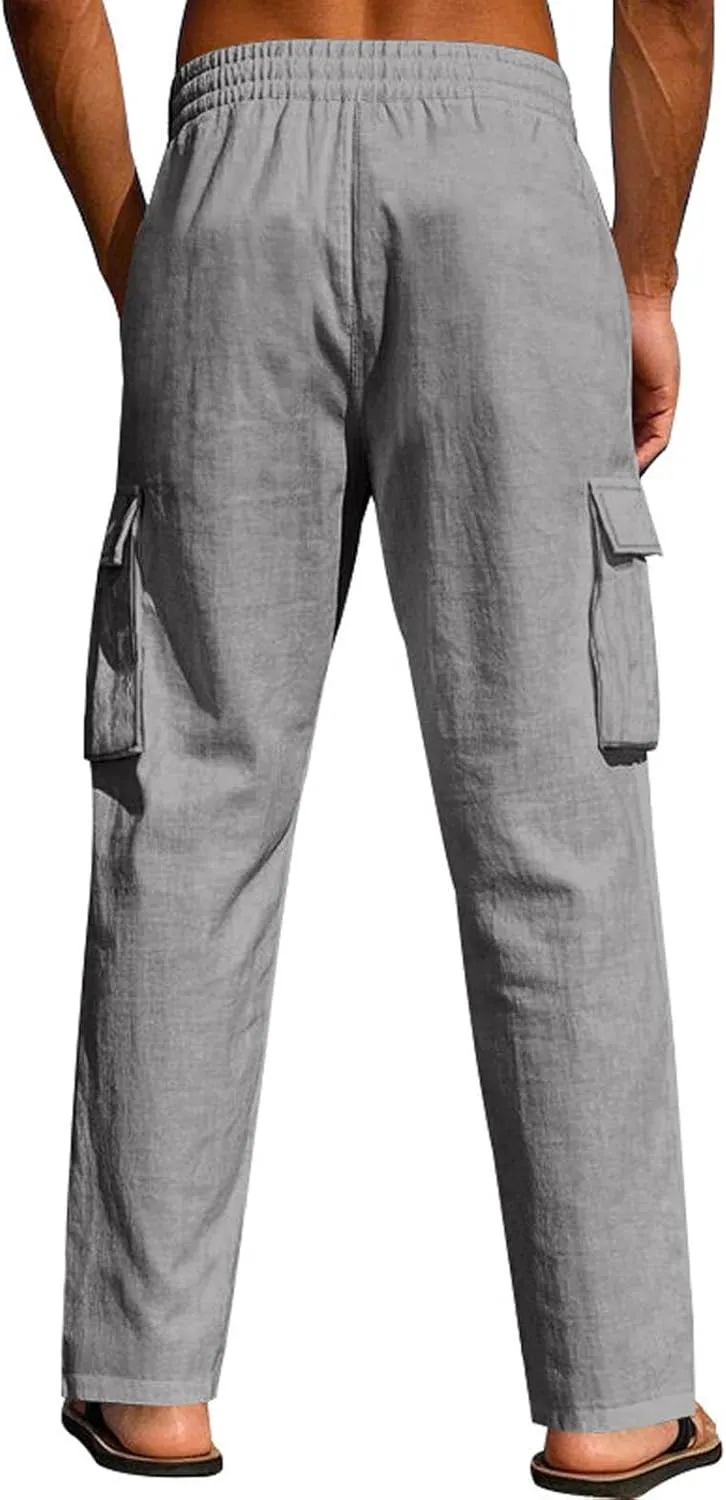 Linen Pants Men Casual Beach Vacation Clothes White Wide Leg Cotton Khaki Harem Summer Outfits Mens Elastic Waist Pant