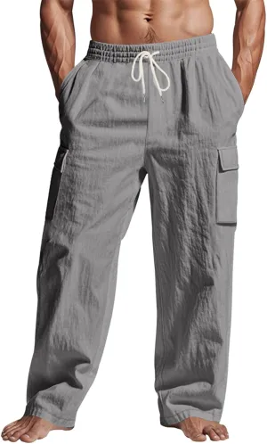 Linen Pants Men Casual Beach Vacation Clothes White Wide Leg Cotton Khaki Harem Summer Outfits Mens Elastic Waist Pant