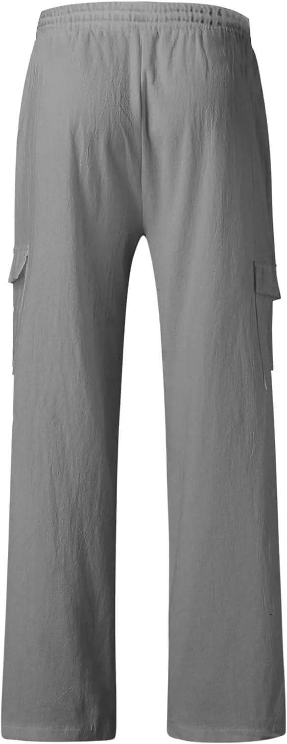 Linen Pants Men Casual Beach Vacation Clothes White Wide Leg Cotton Khaki Harem Summer Outfits Mens Elastic Waist Pant