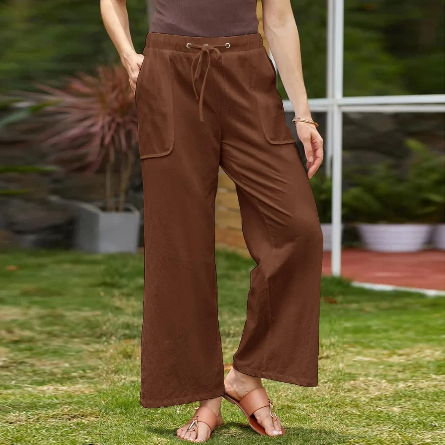 Linen Pants Women 2025 Casual Hight Waist Drawstring Joggers Plus Size Loose Wide Leg Baggy Summer Solid Linen Pants