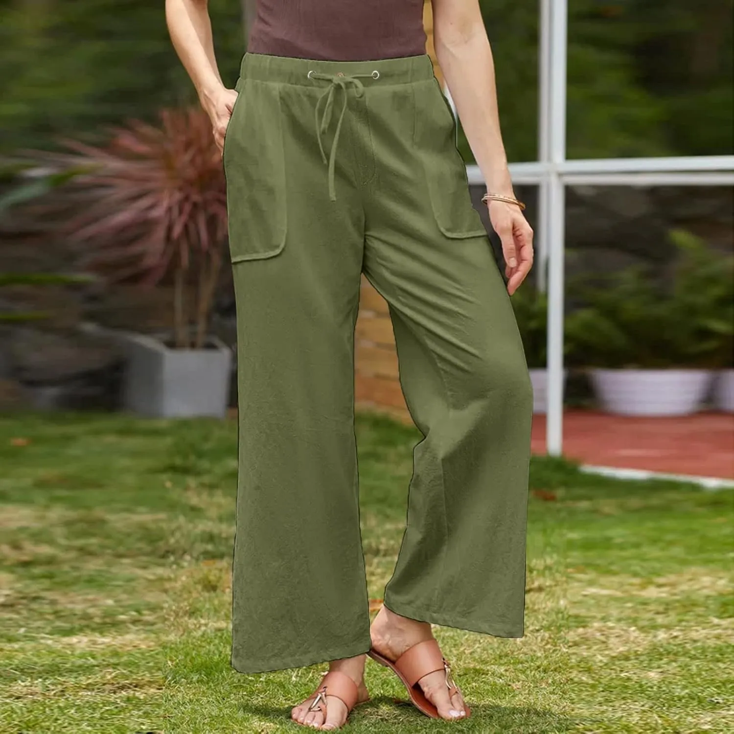 Linen Pants Women 2025 Casual Hight Waist Drawstring Joggers Plus Size Loose Wide Leg Baggy Summer Solid Linen Pants