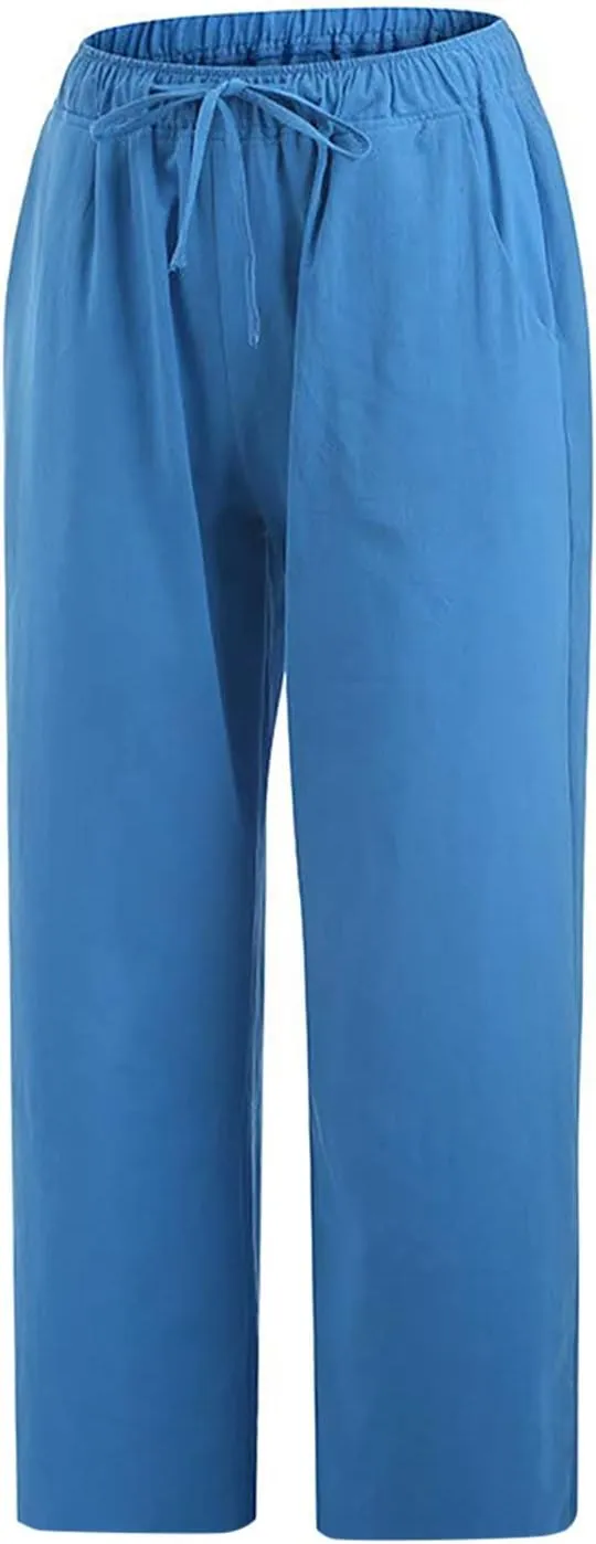 Linen Pants Women Casual Cotton Drawstring Mid Rise Wide Leg Trousers Lightweight Summer Beach Palazzo Capris Pants