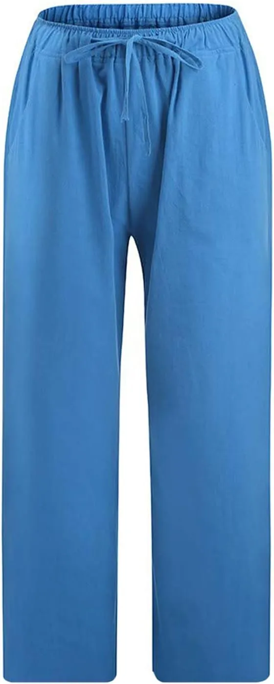 Linen Pants Women Casual Cotton Drawstring Mid Rise Wide Leg Trousers Lightweight Summer Beach Palazzo Capris Pants