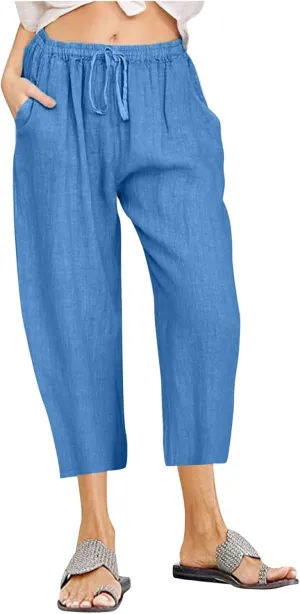 Linen Pants Women Casual Cotton Drawstring Mid Rise Wide Leg Trousers Lightweight Summer Beach Palazzo Capris Pants