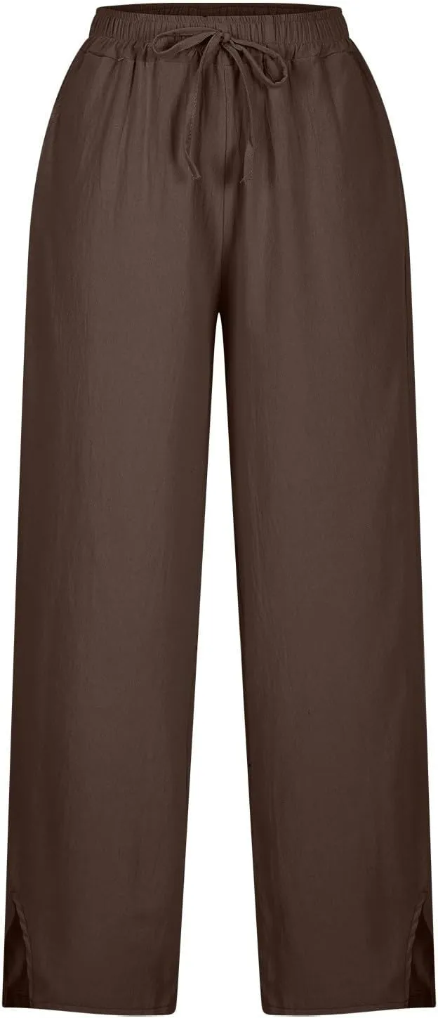 Linen Pants Women High Waist Drawstring Trousers Straight Leg Pants Side Slit Elastic Waist Slacks with Pockets