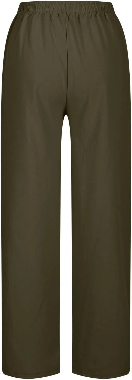 Linen Pants Women High Waist Drawstring Trousers Straight Leg Pants Side Slit Elastic Waist Slacks with Pockets