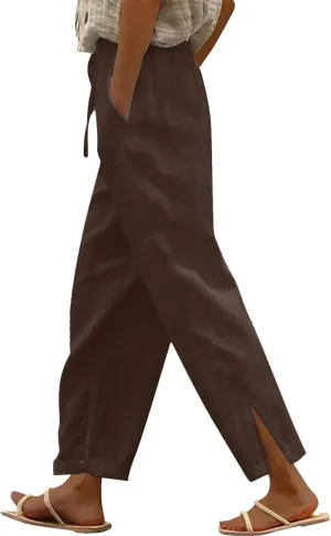 Linen Pants Women High Waist Drawstring Trousers Straight Leg Pants Side Slit Elastic Waist Slacks with Pockets